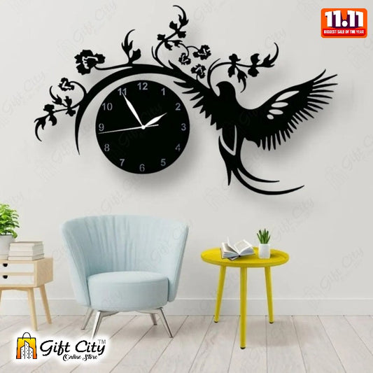 Flying Bird With Flowers Wooden Wall Clock For Living Room, Bedroom, and Offices