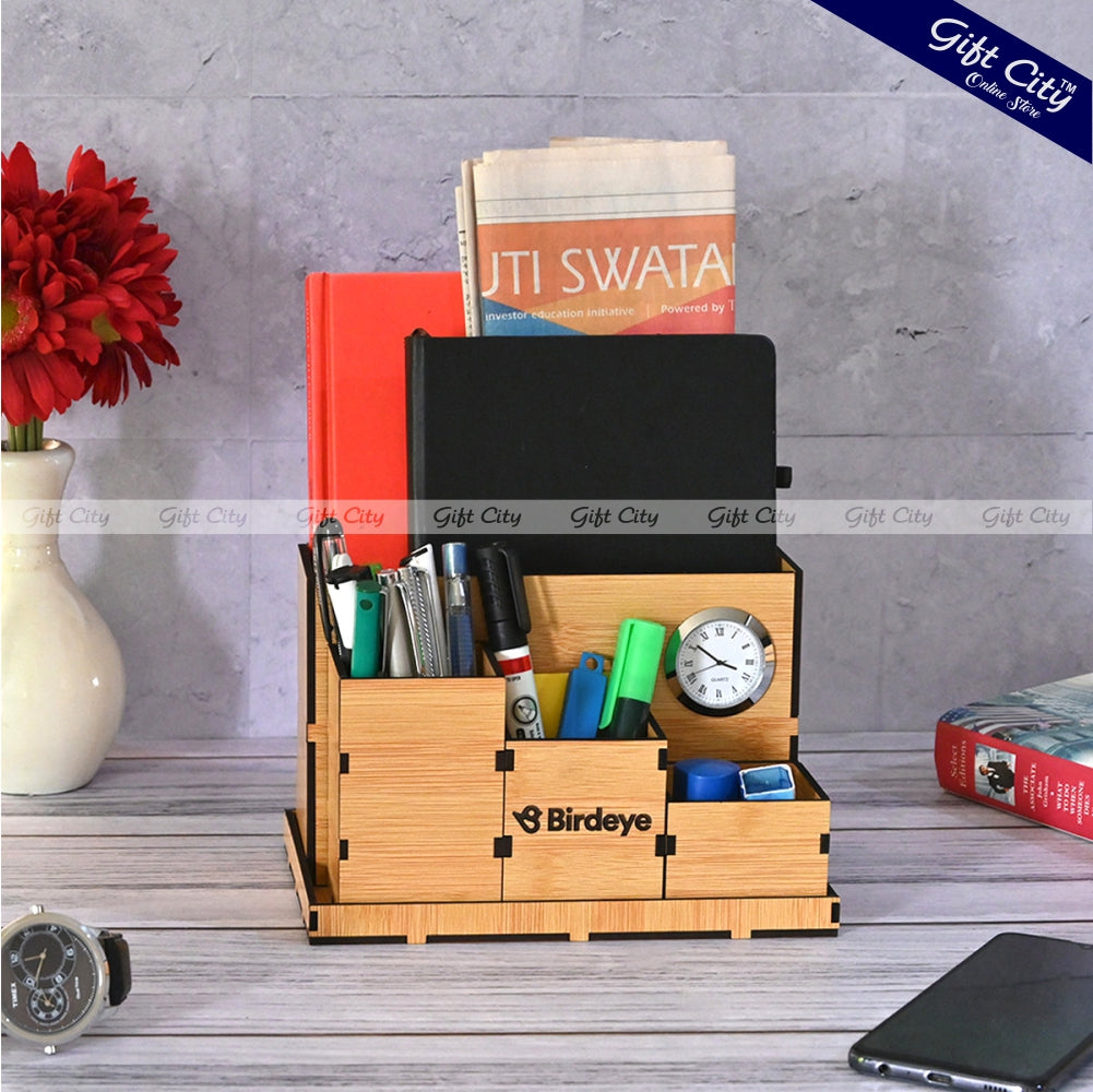 Four Compartment Desk Organizer with Clock | Multi-Functional Office Organizer | Ideal Corporate Gifts