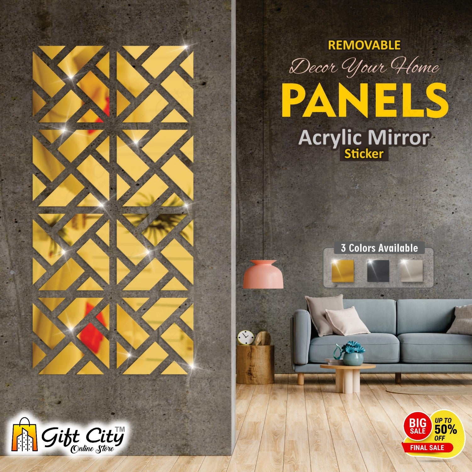 Geometrical Acrylic Mirror Golden 3D Panels Wall Art