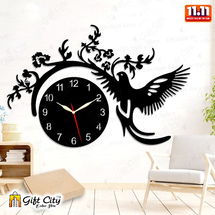 Flying Bird With Flowers Wooden Wall Clock For Living Room, Bedroom, and Offices