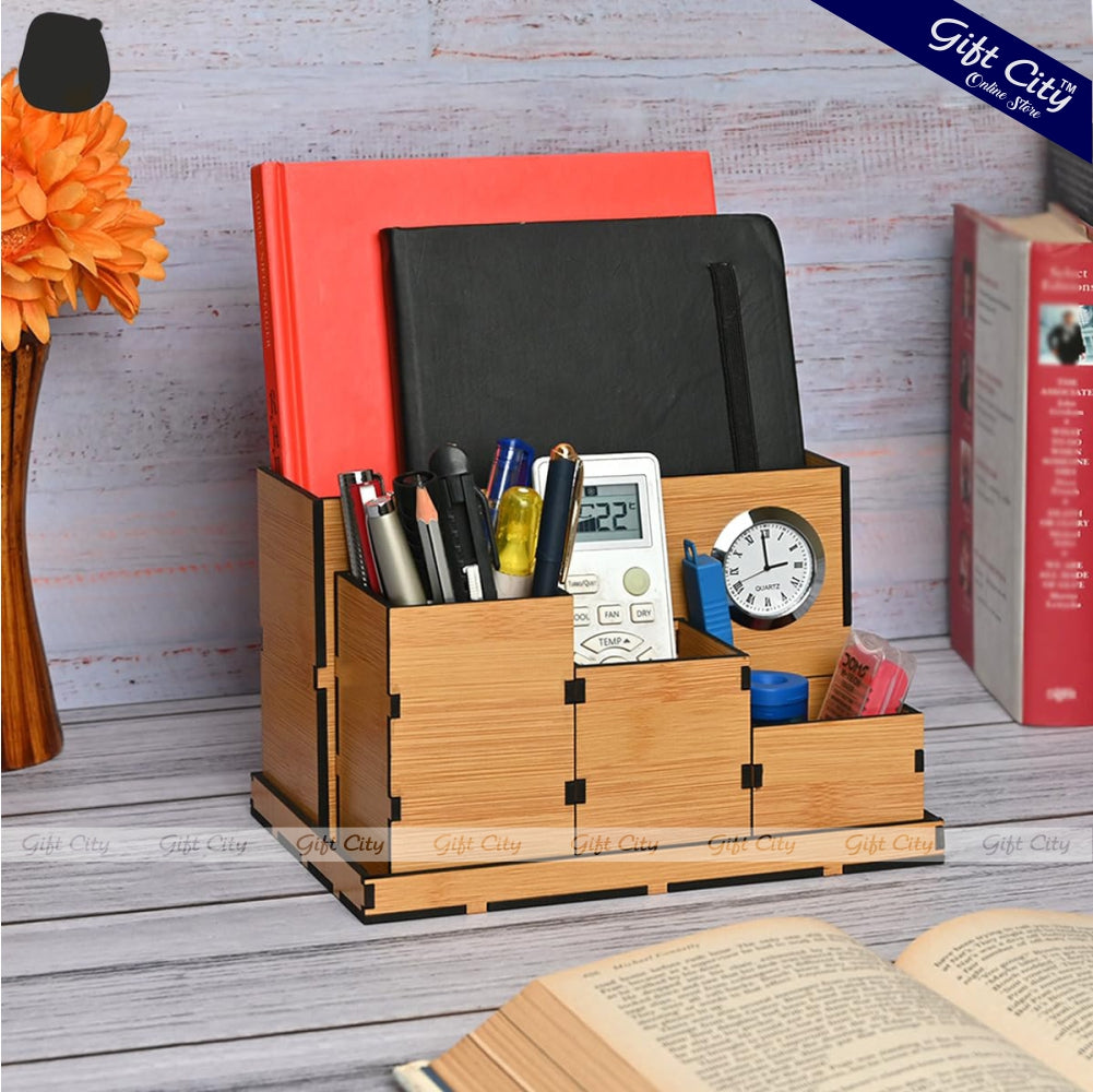 Four Compartment Desk Organizer with Clock | Multi-Functional Office Organizer | Ideal Corporate Gifts