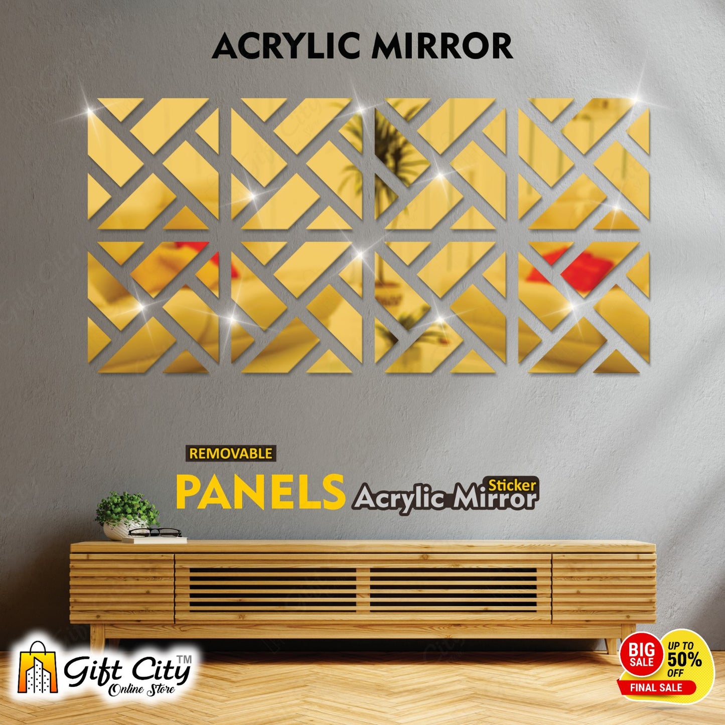 Geometrical Acrylic Mirror Golden 3D Panels Wall Art