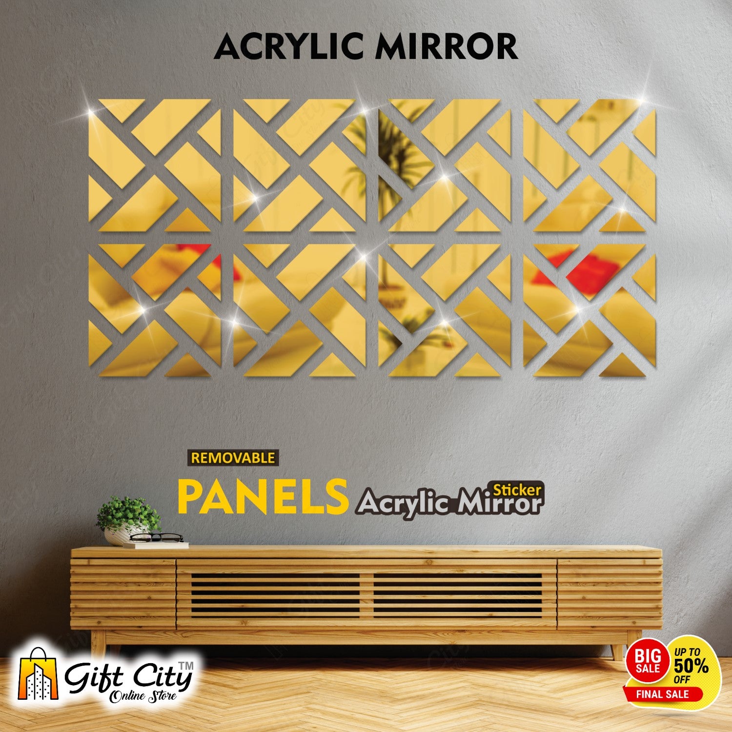 Geometrical Acrylic Mirror Golden 3D Panels Wall Art