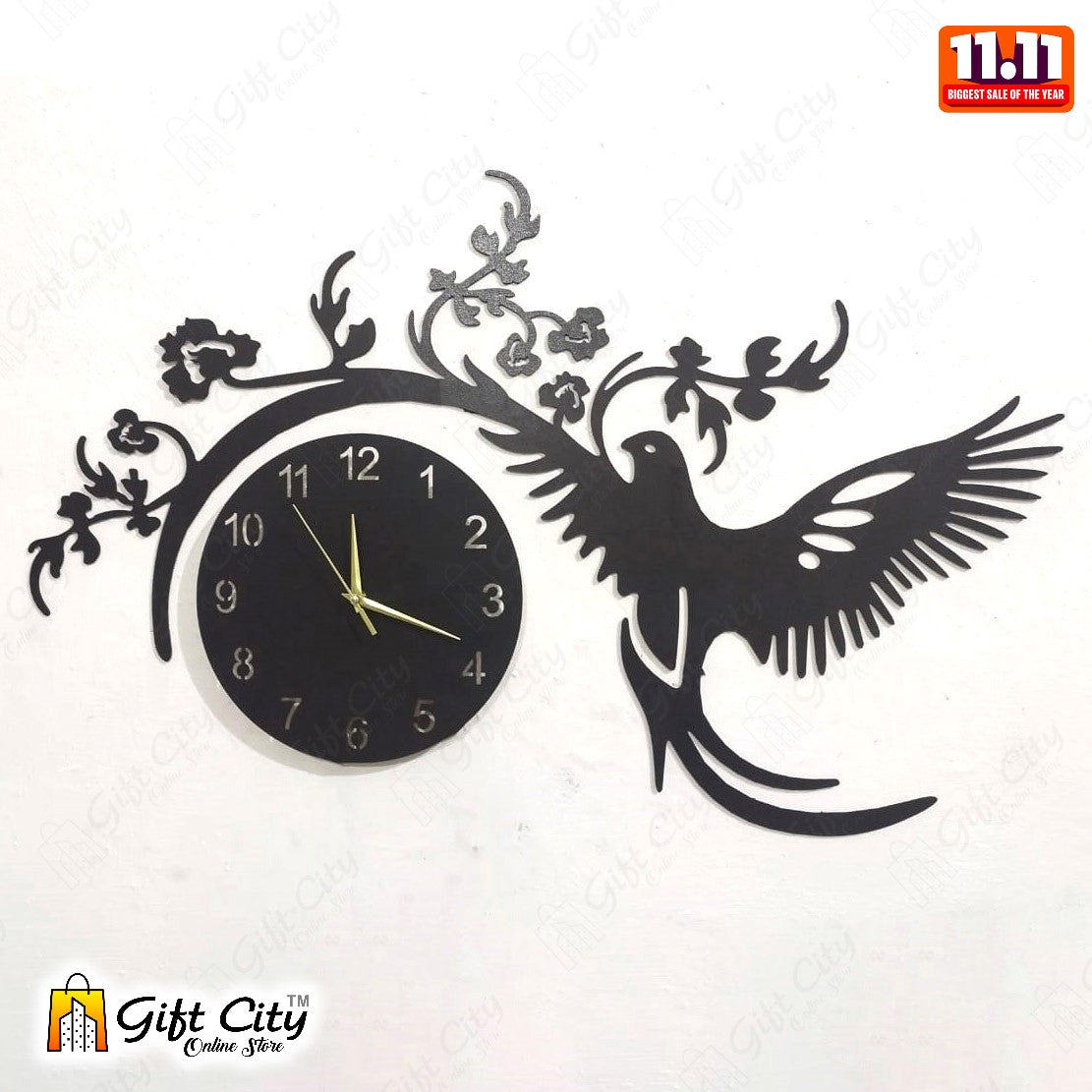 Flying Bird With Flowers Wooden Wall Clock For Living Room, Bedroom, and Offices