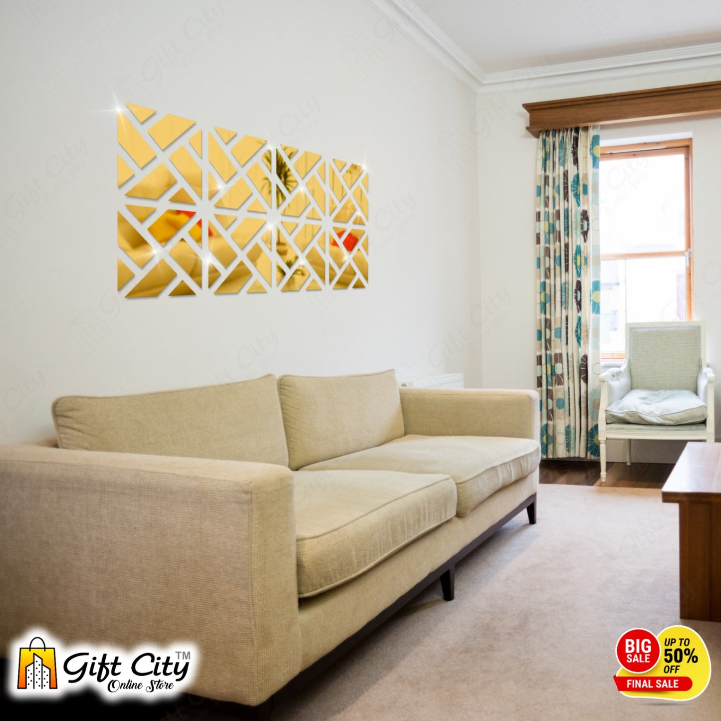 Geometrical Acrylic Mirror Golden 3D Panels Wall Art