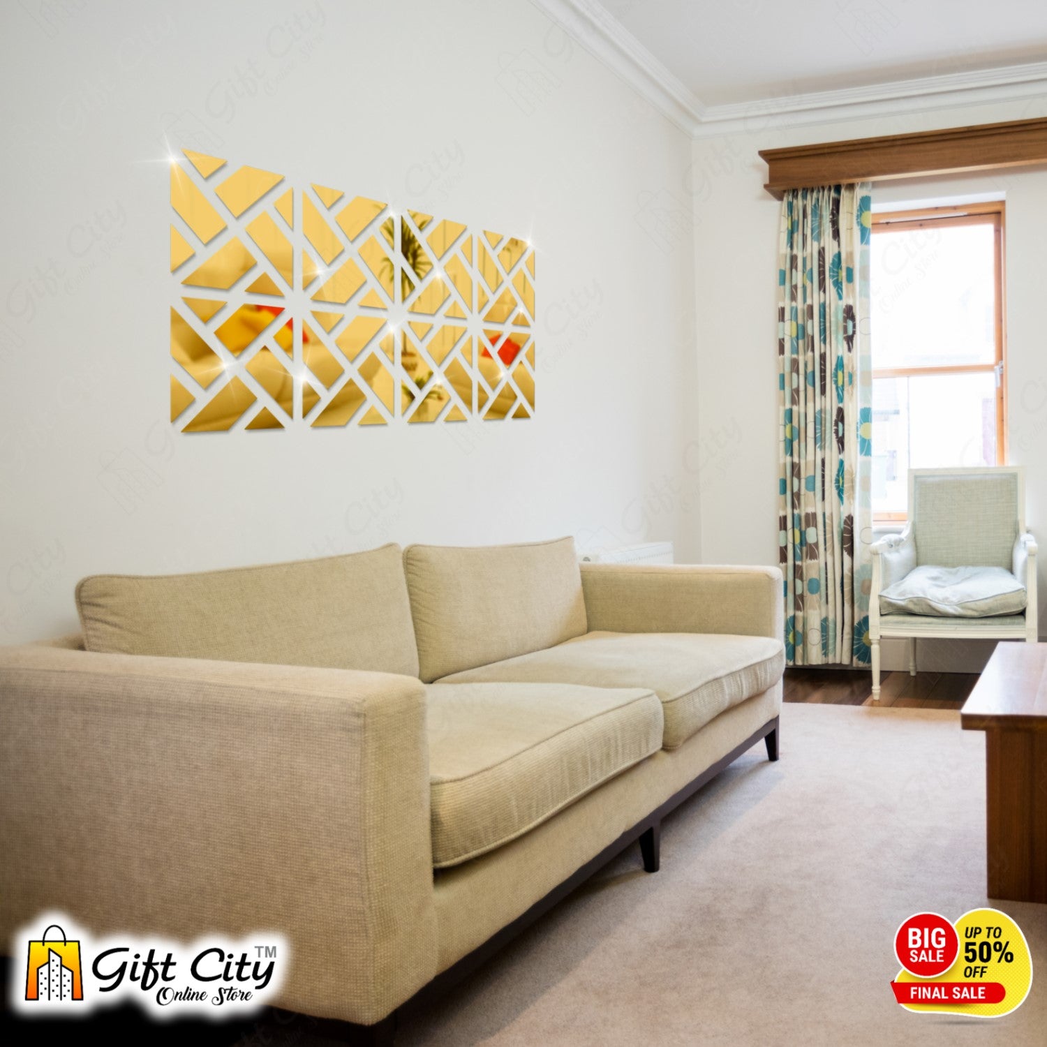 Geometrical Acrylic Mirror Golden 3D Panels Wall Art