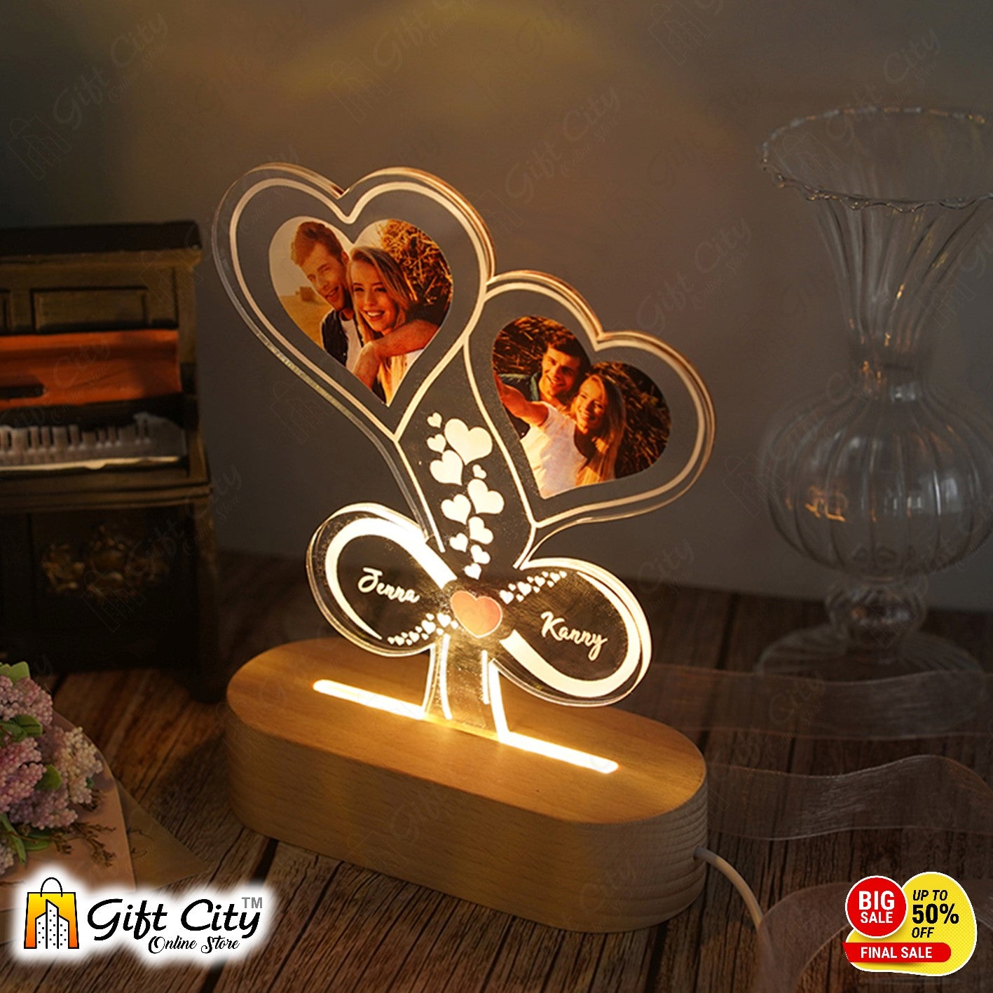 Customizable Heart Shape Acrylic Lamp With 2 Pics For Birthdays And Weddings