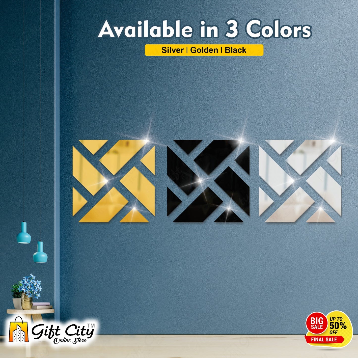 Geometrical Acrylic Mirror Golden 3D Panels Wall Art