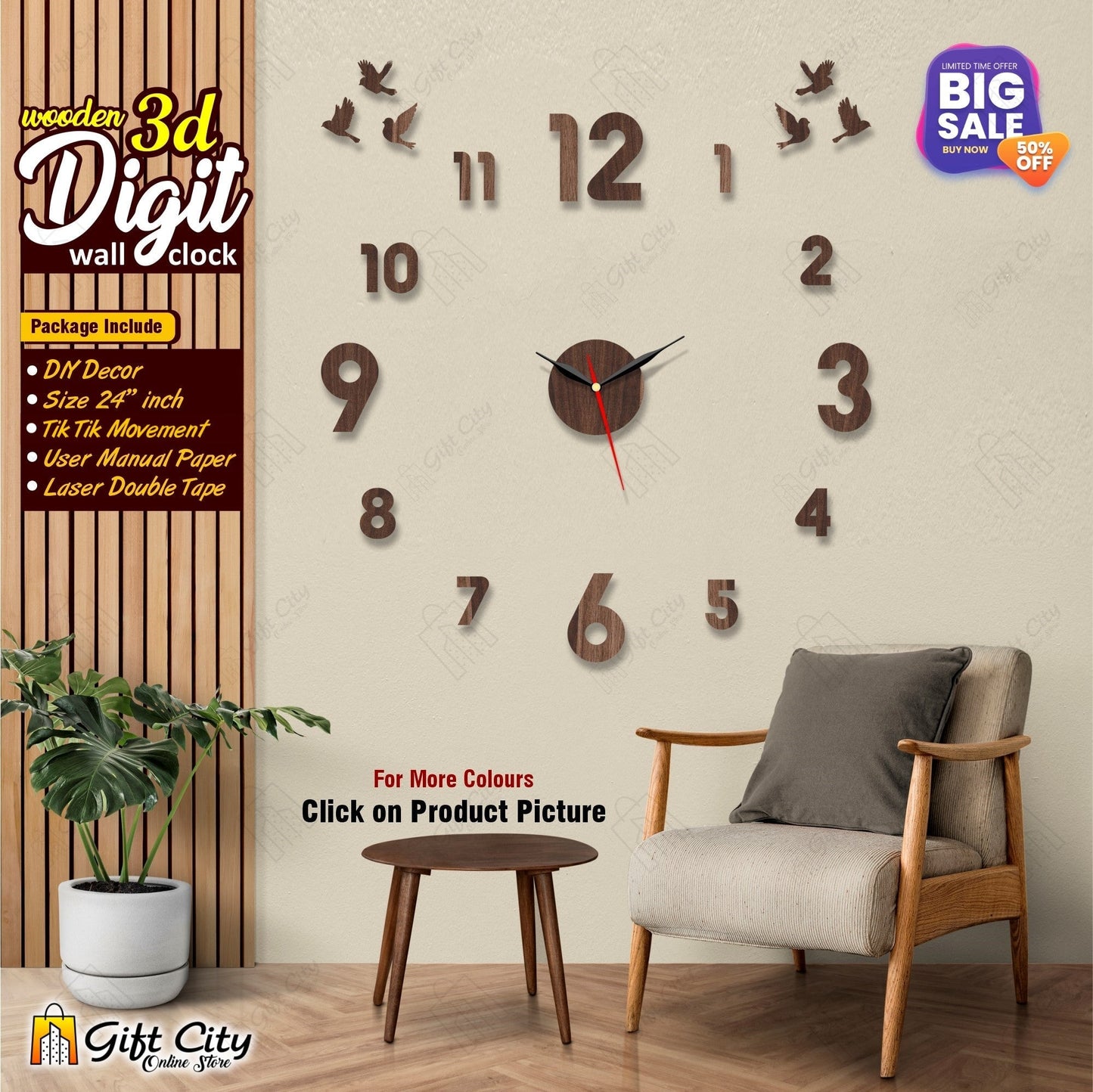3D Digit DIY Wall Clock - 24 Inches - Gift City Gift City