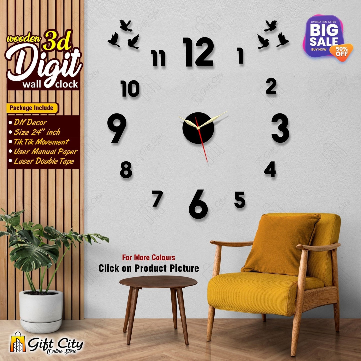 3D Digit DIY Wall Clock - 24 Inches - Gift City Gift City
