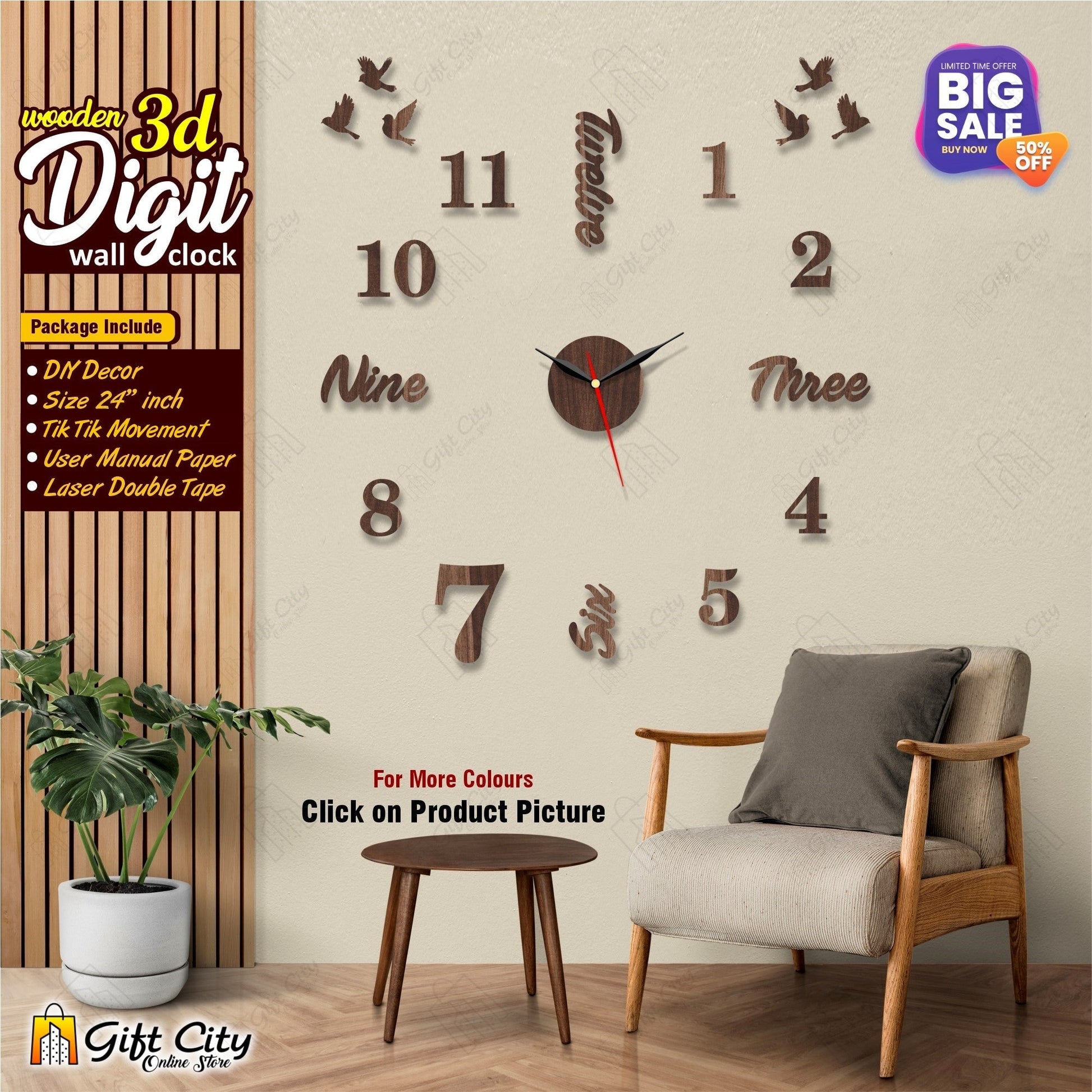 3D Letters & Words DIY Wall Clock - 24 Inches - Gift City 3D Digit Wall Clock Gift City