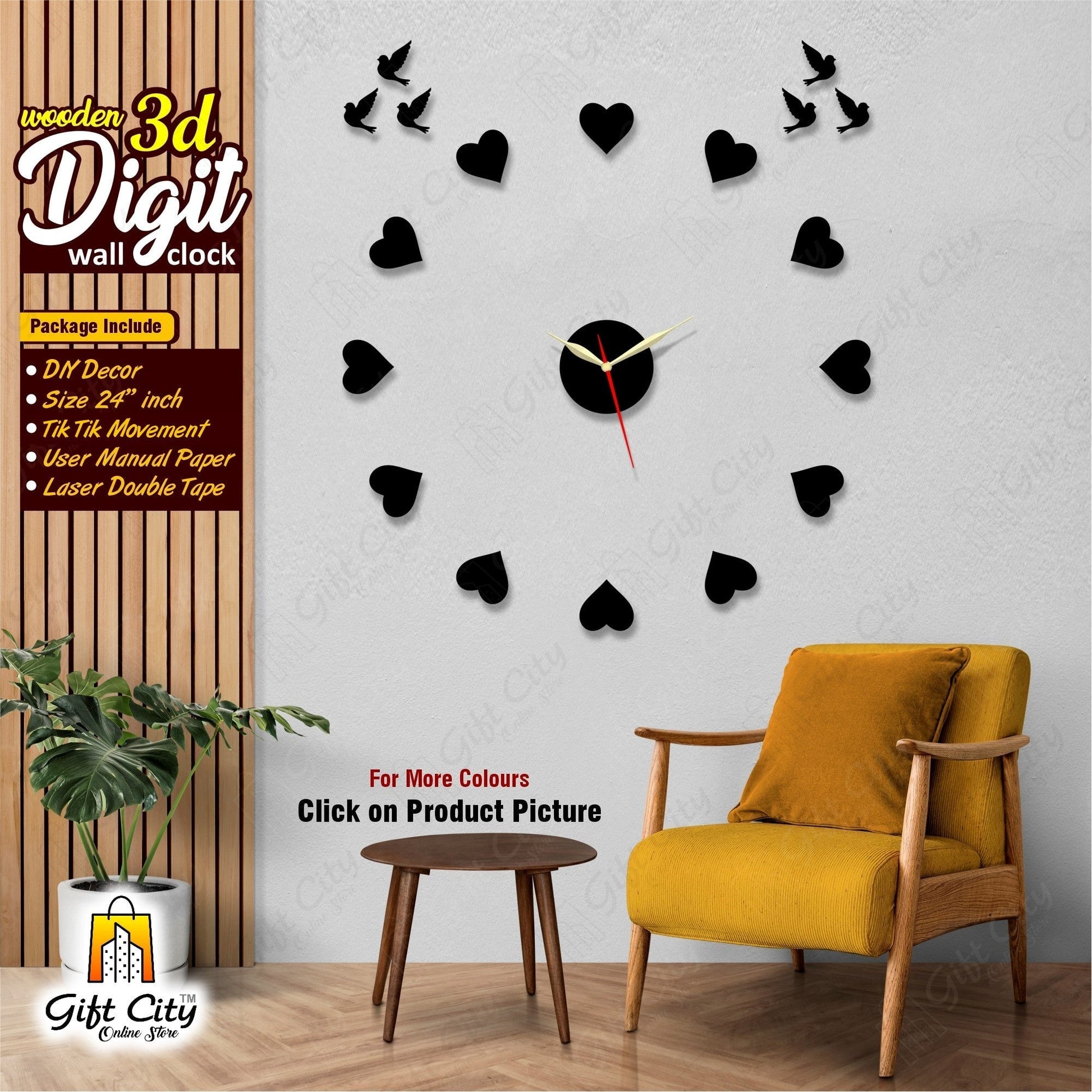 3D Hearts DIY Wall Clock - 24 Inches - Gift City Gift City