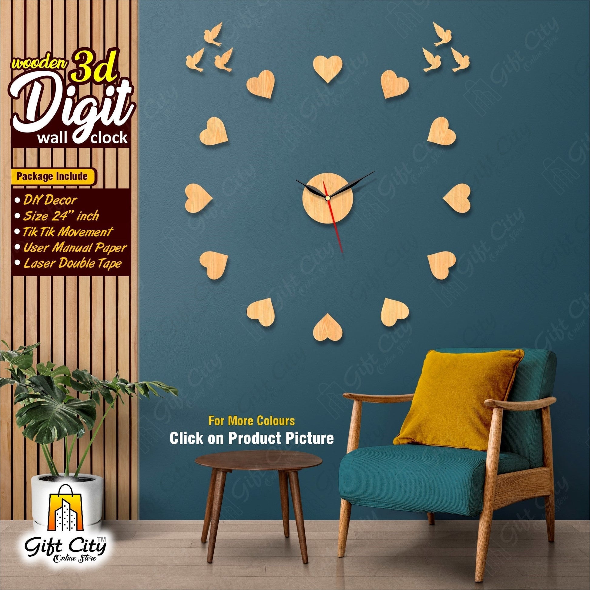 3D Hearts DIY Wall Clock - 24 Inches - Gift City Gift City