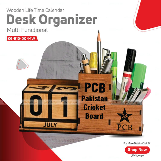 Customizable Wooden Desk Organizer with Perpetual Calendar – Multifunctional Office Accessory