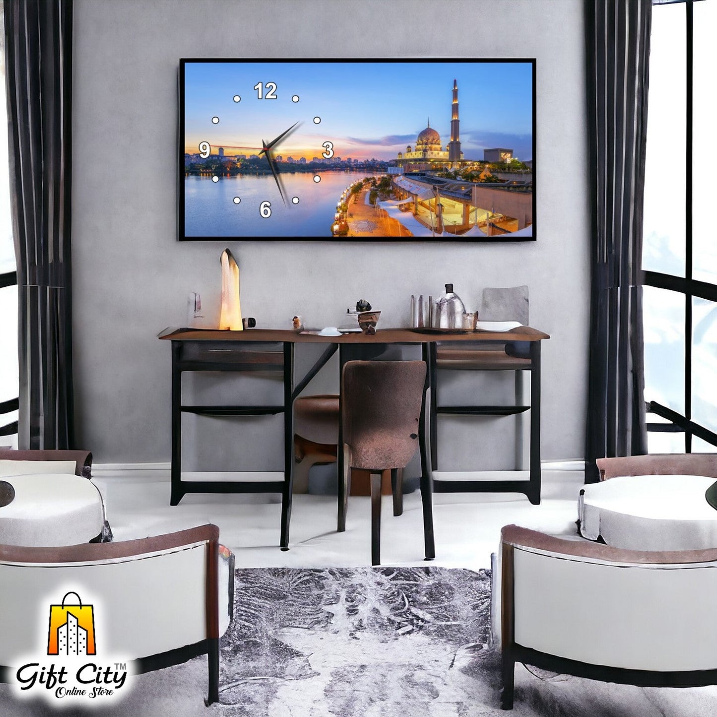 Gift City Modern Islamic Mosque Wooden Wall Clock with Bright Digital Wall Hanging Art - Ideal for Home or Office - 12x24 inch