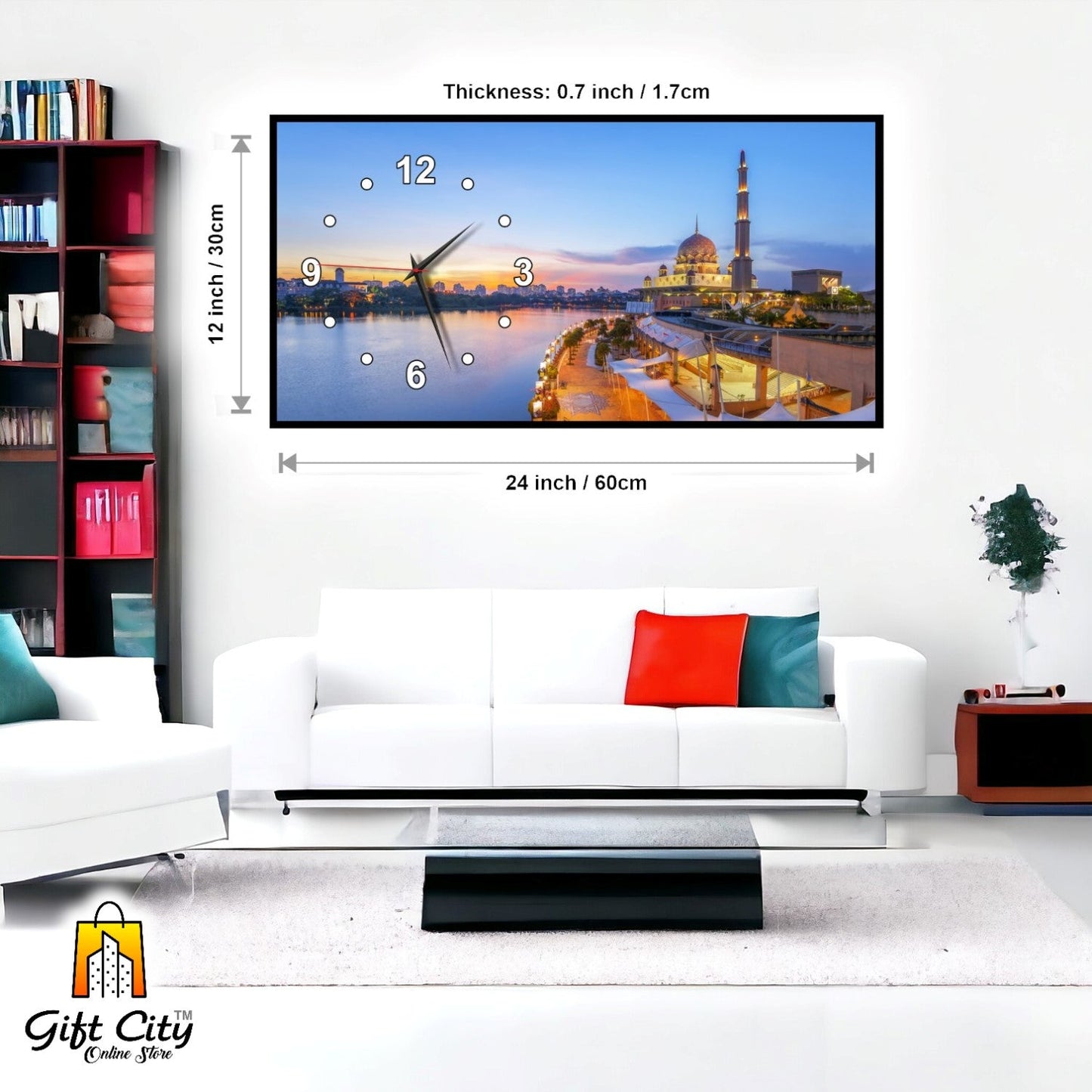 Gift City Modern Islamic Mosque Wooden Wall Clock with Bright Digital Wall Hanging Art - Ideal for Home or Office - 12x24 inch