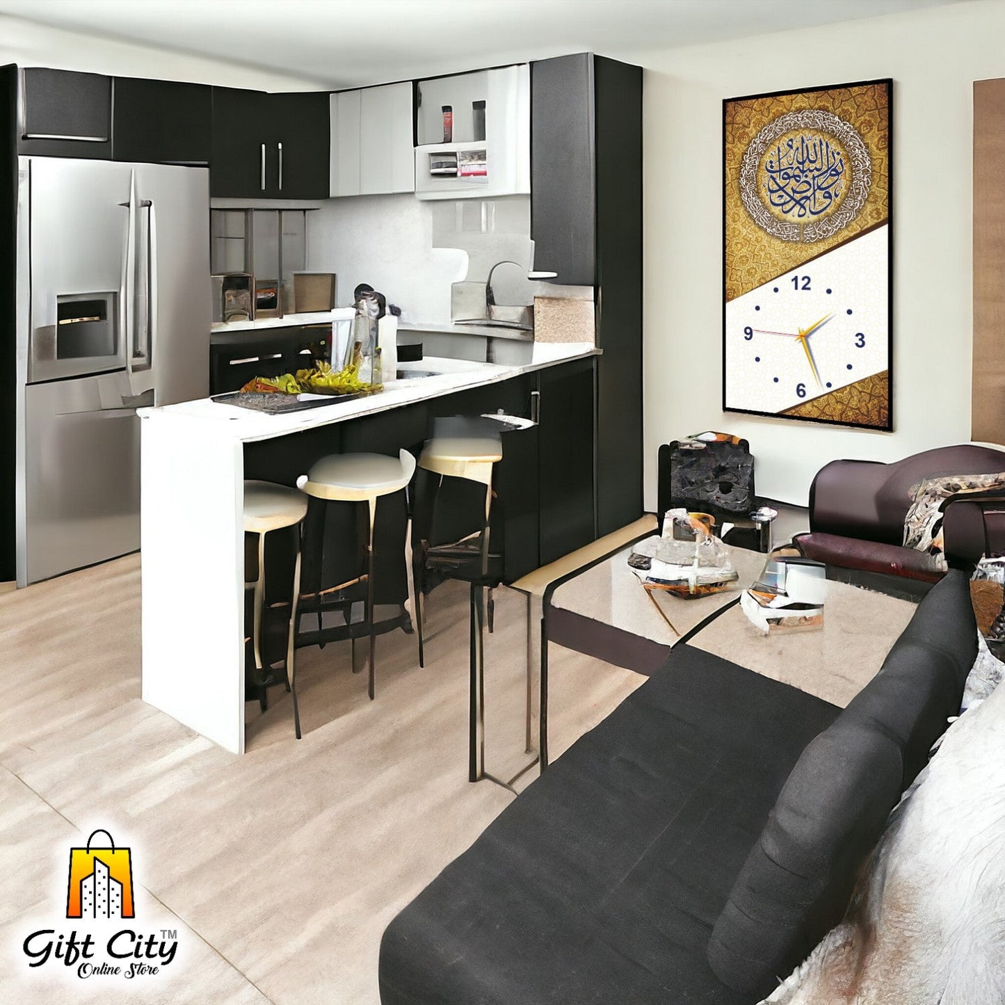 Gift City Stylish Islamic Wooden Wall Hanging Clock with Bold Digital Art - Great for Fashionable Homes - 12x24 inch