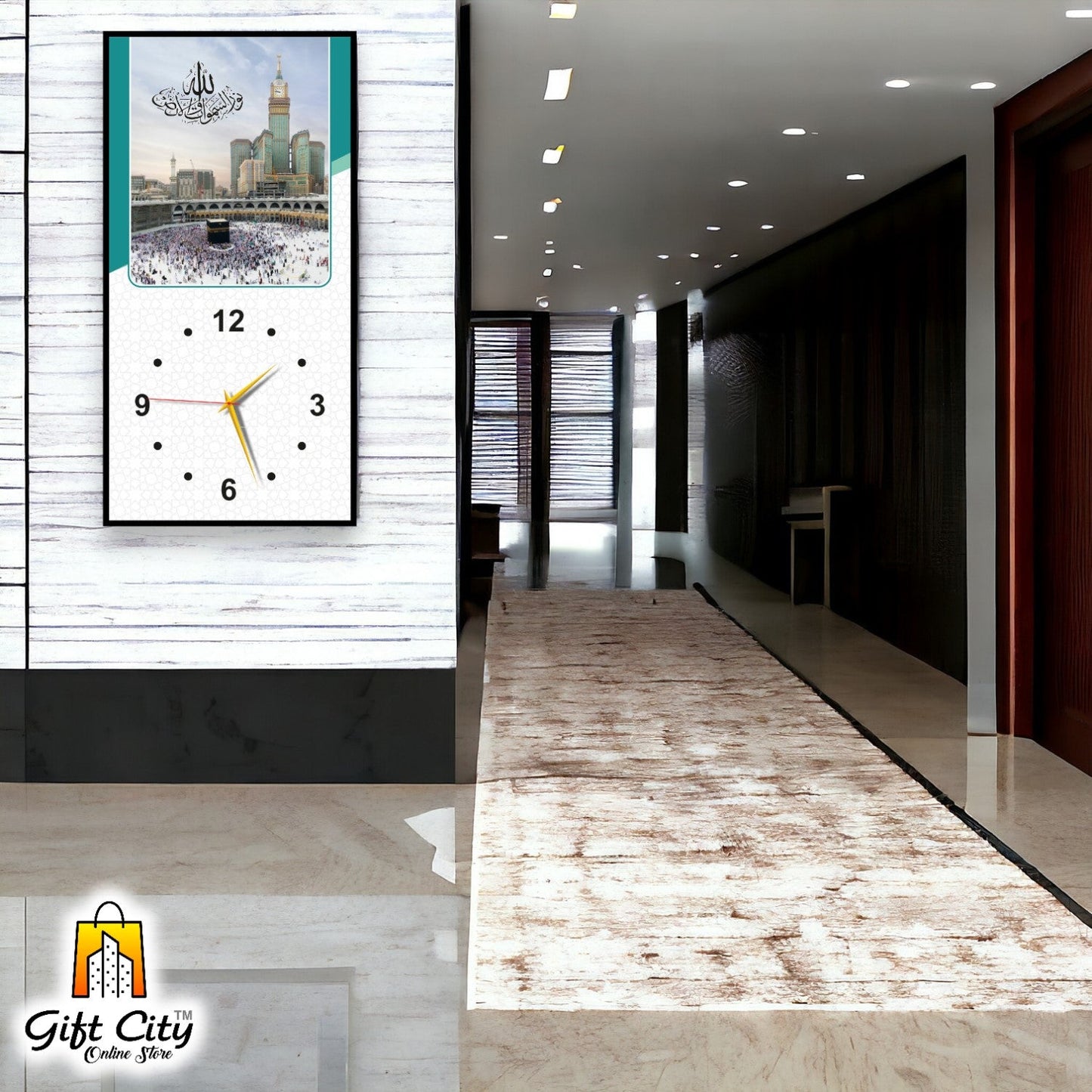 Gift City Refined Islamic Wooden Digital Print Wall Hanging Clock - Ideal for Modern Homes - 12x24 inch