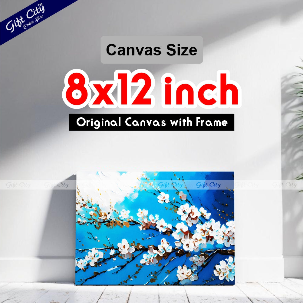 Gift City Presents An Abstract Oil Painting Canvas of White Cherry Blossoms on a Branch Against a Vibrant Blue Sky Wall Hanging