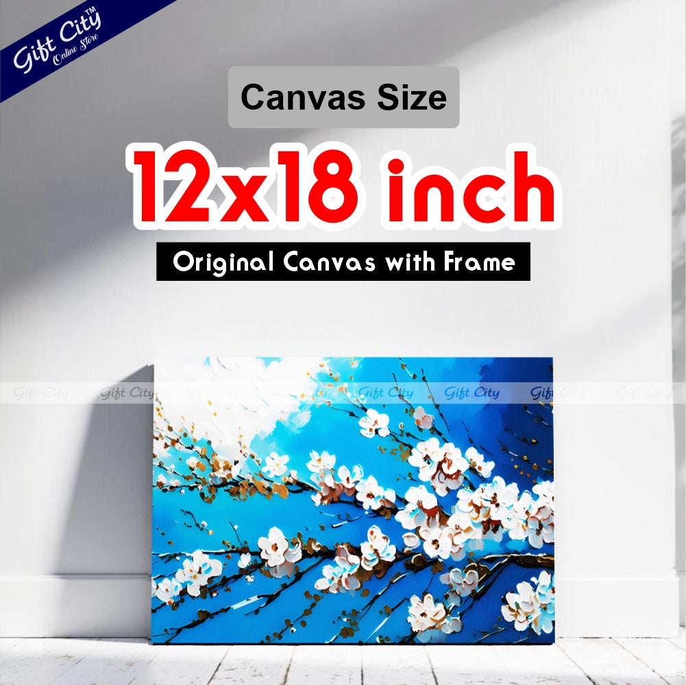 Gift City Presents An Abstract Oil Painting Canvas of White Cherry Blossoms on a Branch Against a Vibrant Blue Sky Wall Hanging