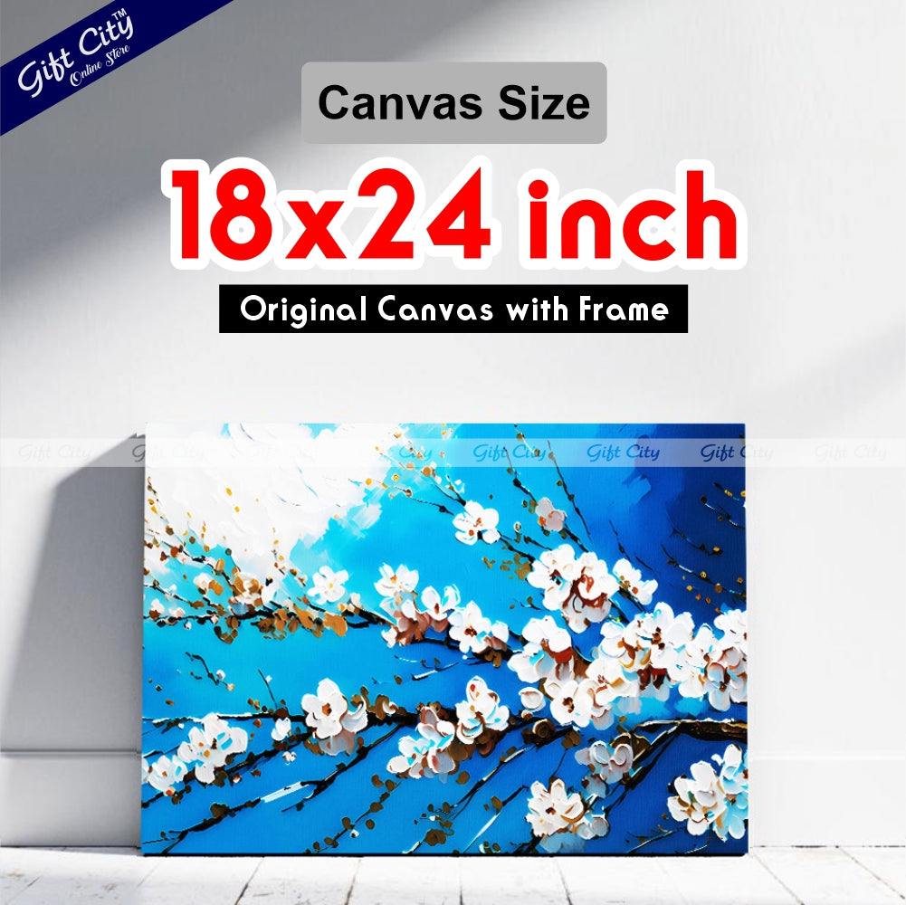Gift City Presents An Abstract Oil Painting Canvas of White Cherry Blossoms on a Branch Against a Vibrant Blue Sky Wall Hanging