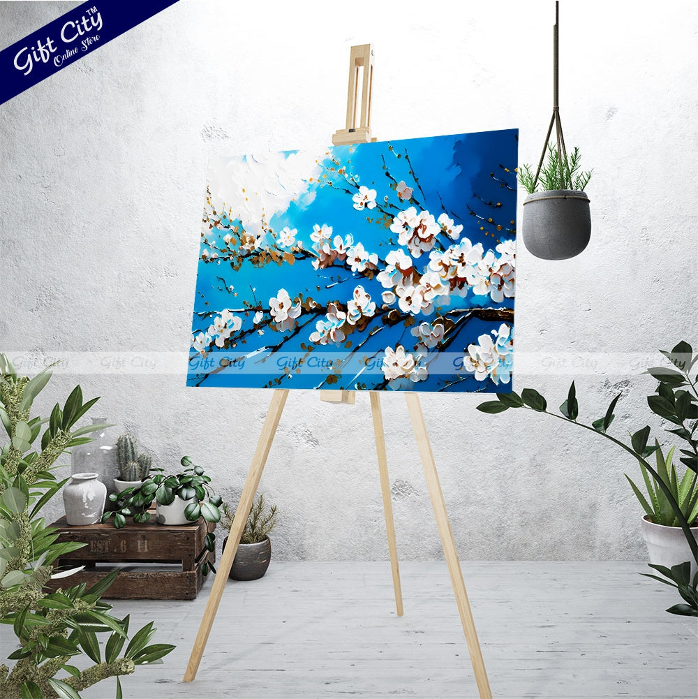 Gift City Presents An Abstract Oil Painting Canvas of White Cherry Blossoms on a Branch Against a Vibrant Blue Sky Wall Hanging