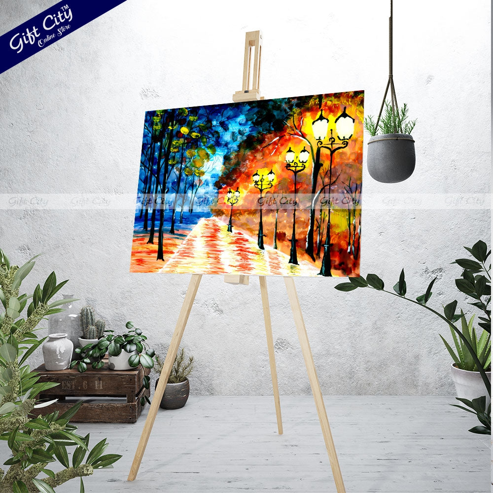Gift City Presents Autumn Night City Alley | Original Expressionist Painting of a Blue-Orange Evening Park Cityscape, Impressionist Fine Art for Home Decor Wall Hanging
