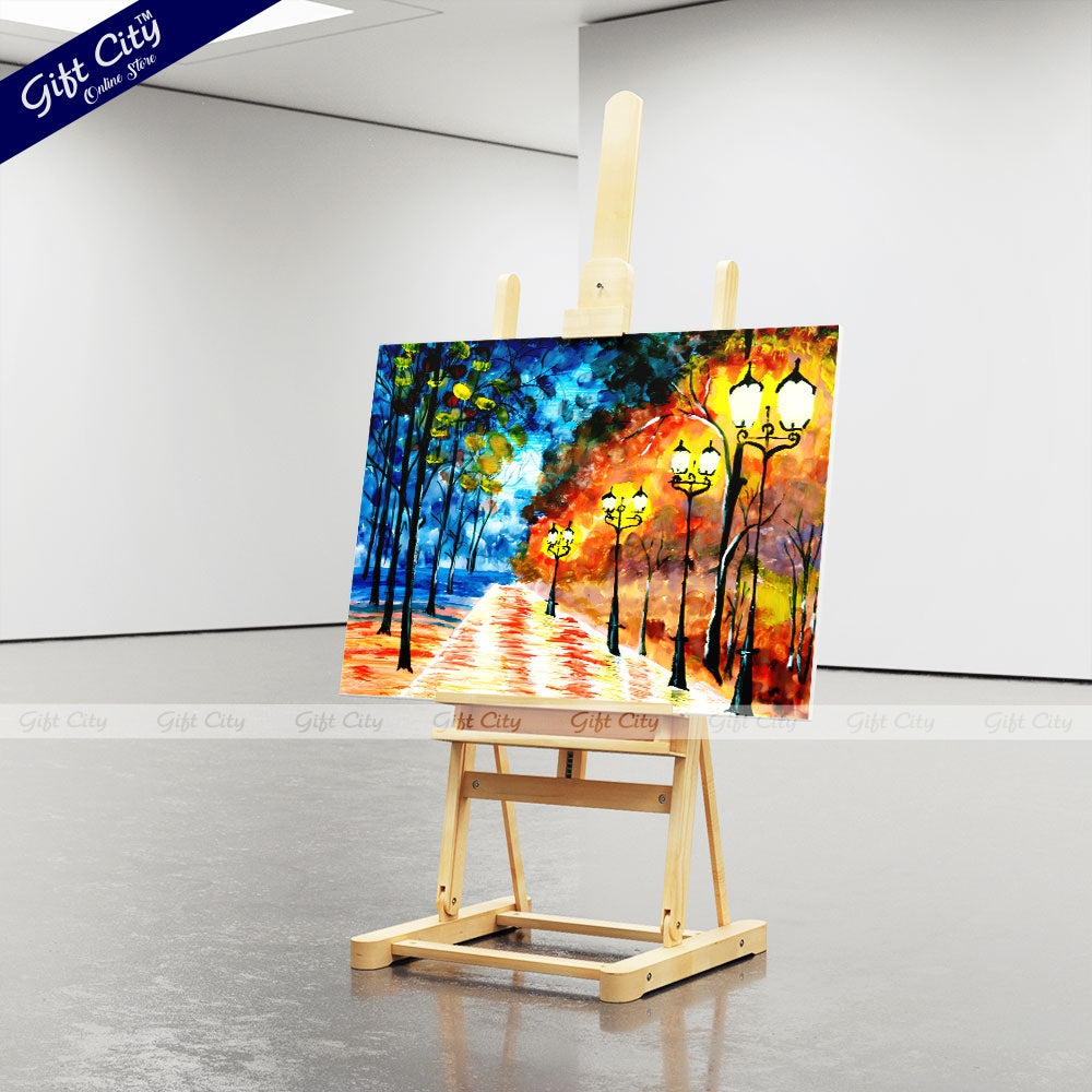 Gift City Presents Autumn Night City Alley | Original Expressionist Painting of a Blue-Orange Evening Park Cityscape, Impressionist Fine Art for Home Decor Wall Hanging