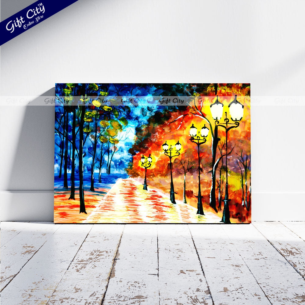 Gift City Presents Autumn Night City Alley | Original Expressionist Painting of a Blue-Orange Evening Park Cityscape, Impressionist Fine Art for Home Decor Wall Hanging