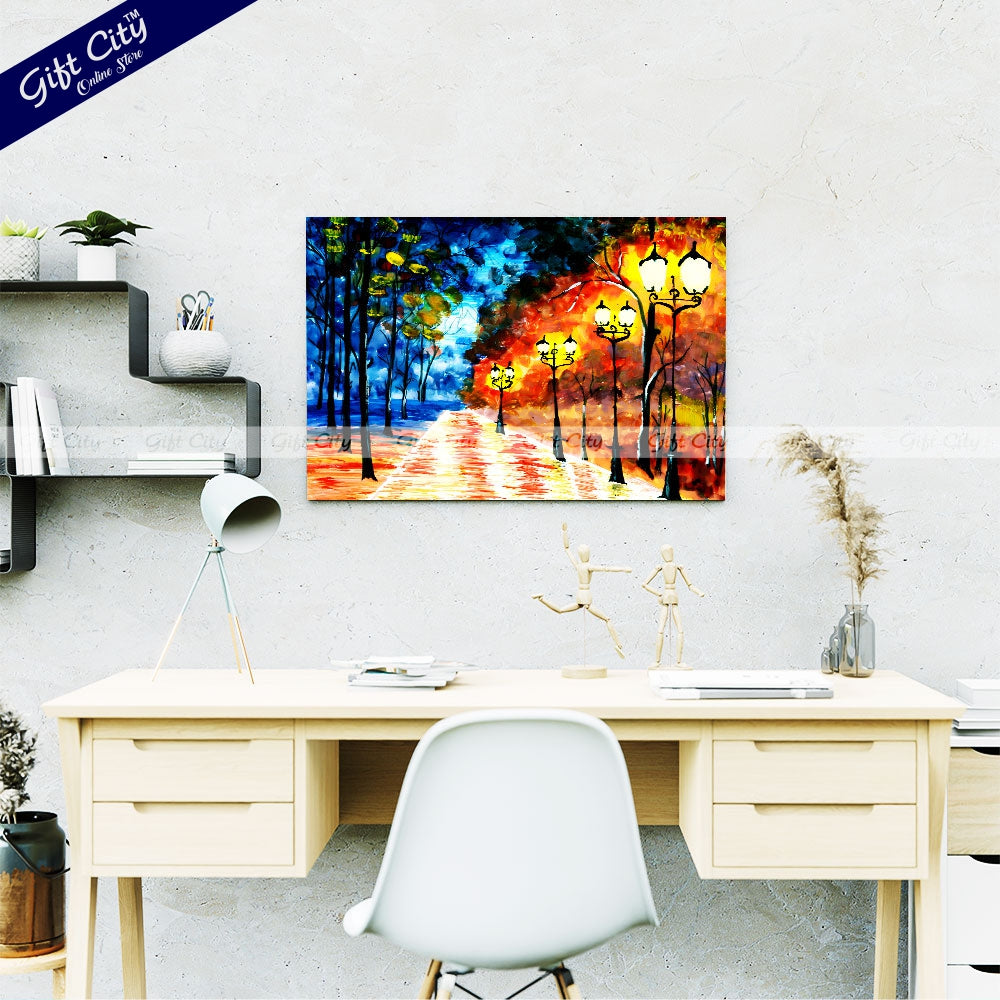 Gift City Presents Autumn Night City Alley | Original Expressionist Painting of a Blue-Orange Evening Park Cityscape, Impressionist Fine Art for Home Decor Wall Hanging