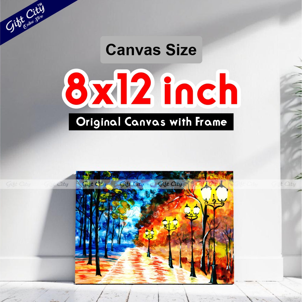 Gift City Presents Autumn Night City Alley | Original Expressionist Painting of a Blue-Orange Evening Park Cityscape, Impressionist Fine Art for Home Decor Wall Hanging