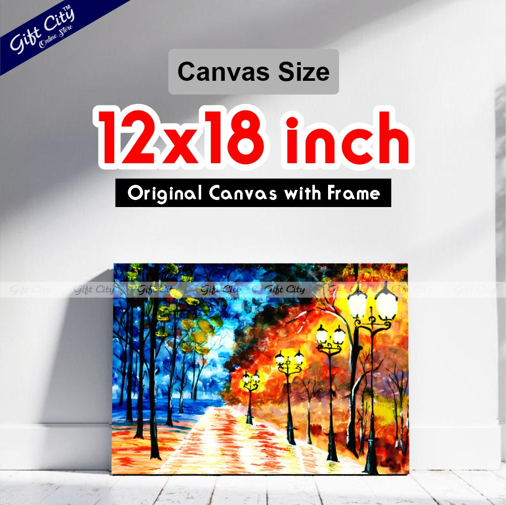 Gift City Presents Autumn Night City Alley | Original Expressionist Painting of a Blue-Orange Evening Park Cityscape, Impressionist Fine Art for Home Decor Wall Hanging