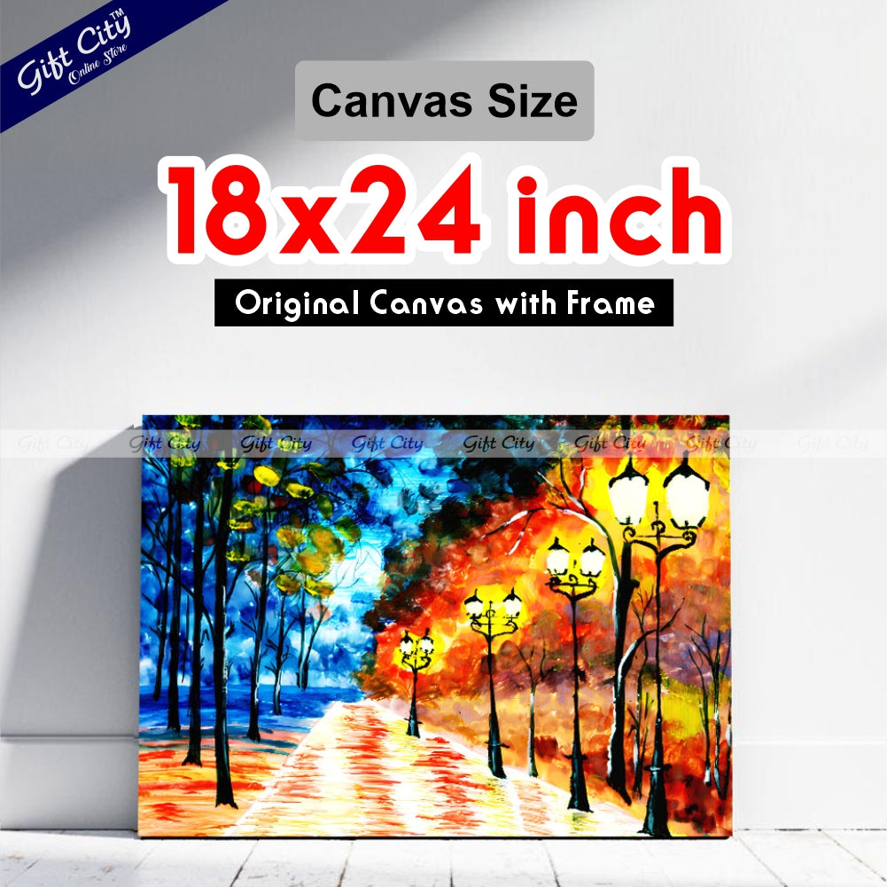 Gift City Presents Autumn Night City Alley | Original Expressionist Painting of a Blue-Orange Evening Park Cityscape, Impressionist Fine Art for Home Decor Wall Hanging