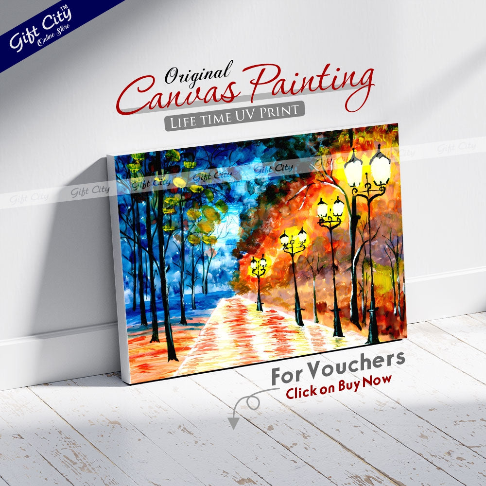 Gift City Presents Autumn Night City Alley | Original Expressionist Painting of a Blue-Orange Evening Park Cityscape, Impressionist Fine Art for Home Decor Wall Hanging