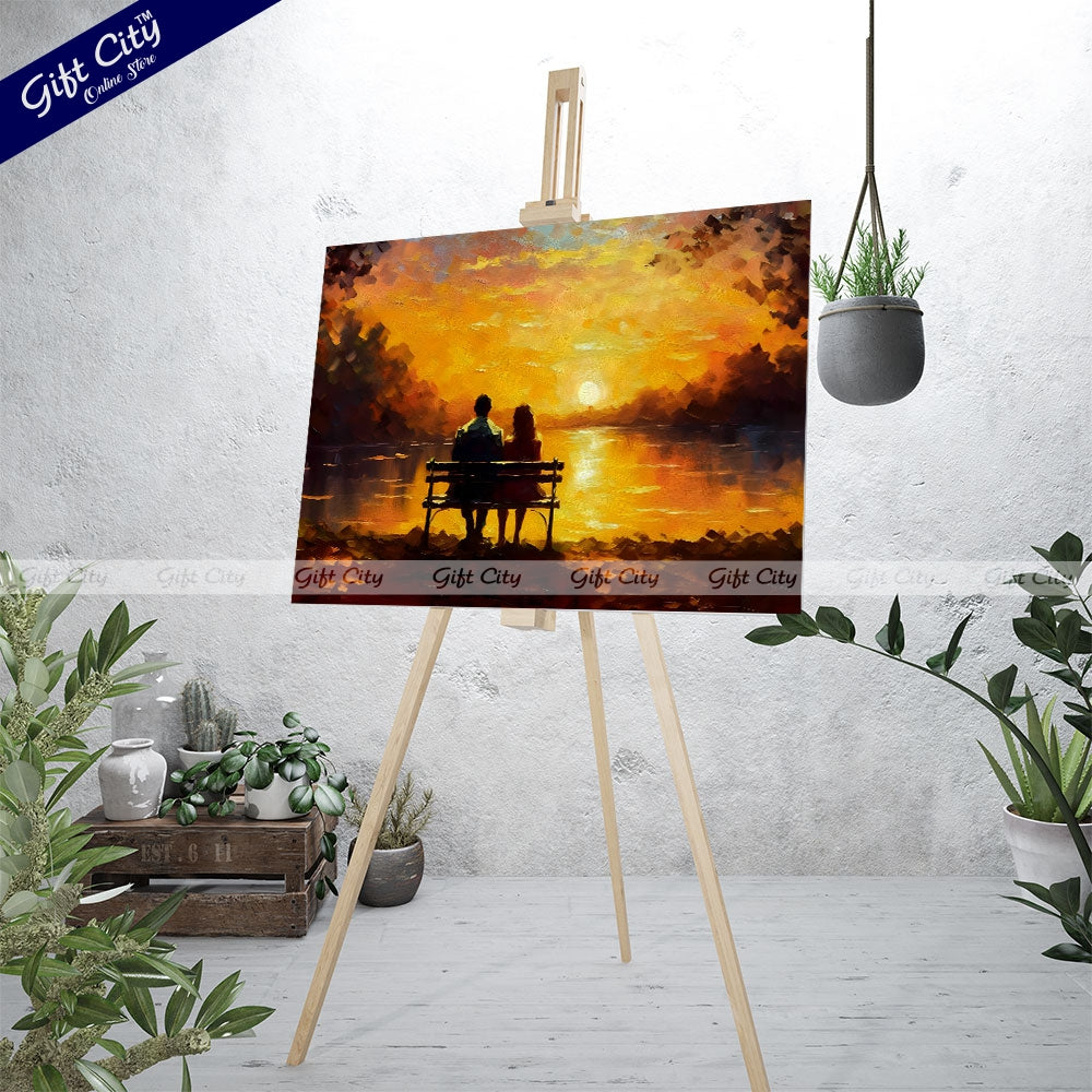 Gift City Presents Canvas of a loving Couple | a young man and beautiful girl are sitting on bench and enjoying beautiful view of yellow sunset | Multiple Sizes Wall Hanging