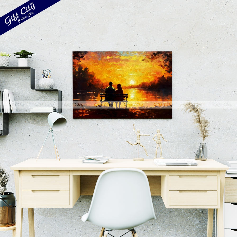 Gift City Presents Canvas of a loving Couple | a young man and beautiful girl are sitting on bench and enjoying beautiful view of yellow sunset | Multiple Sizes Wall Hanging