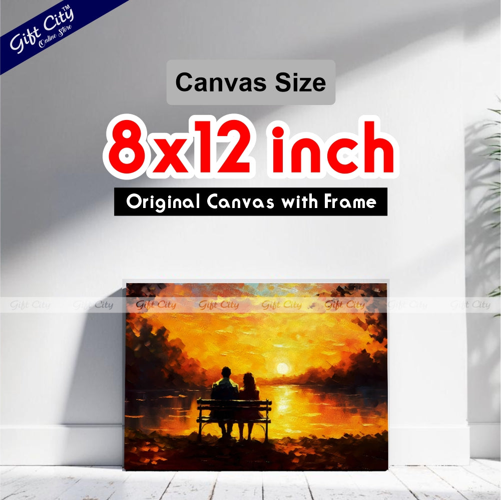 Gift City Presents Canvas of a loving Couple | a young man and beautiful girl are sitting on bench and enjoying beautiful view of yellow sunset | Multiple Sizes Wall Hanging