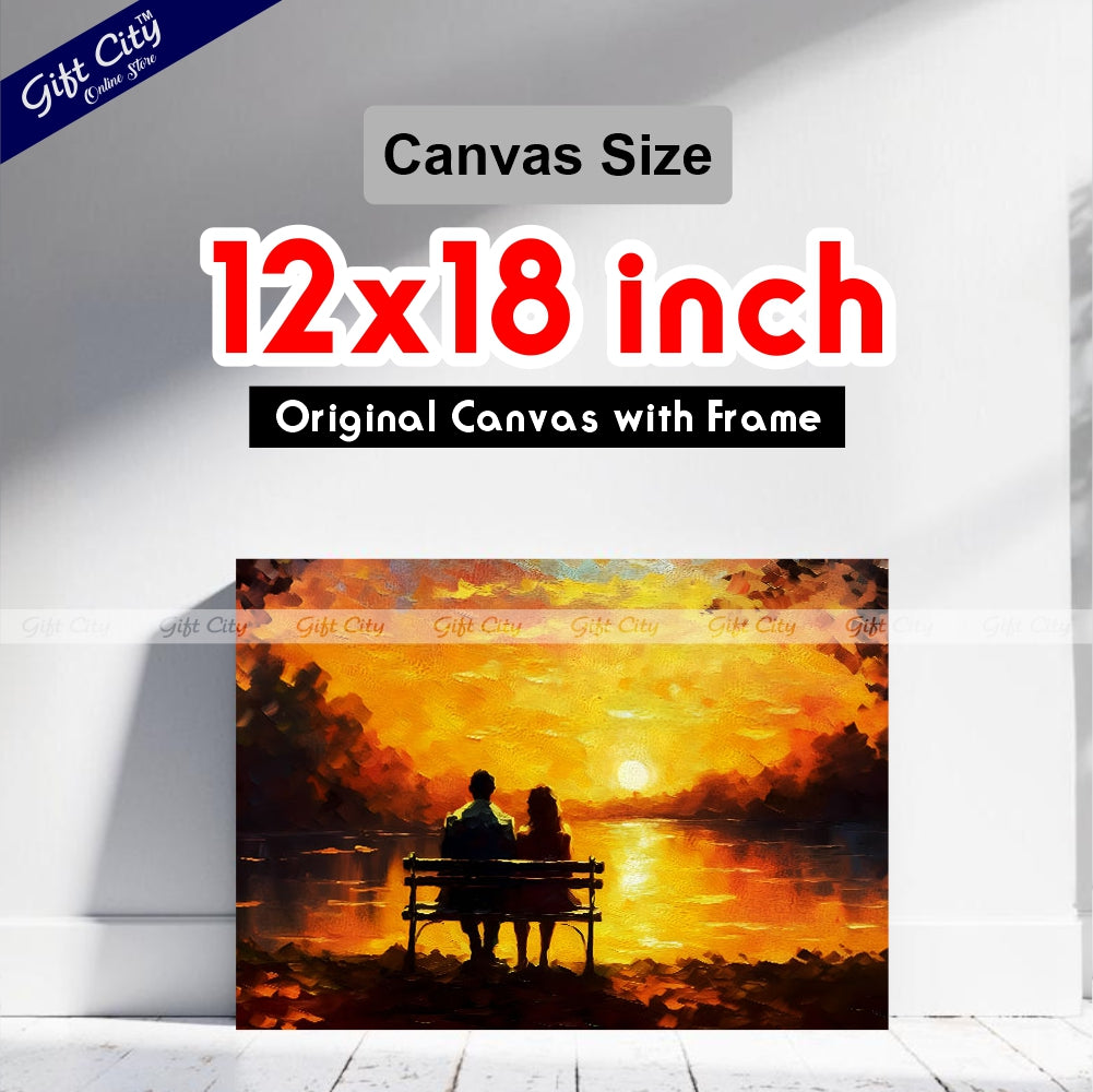 Gift City Presents Canvas of a loving Couple | a young man and beautiful girl are sitting on bench and enjoying beautiful view of yellow sunset | Multiple Sizes Wall Hanging