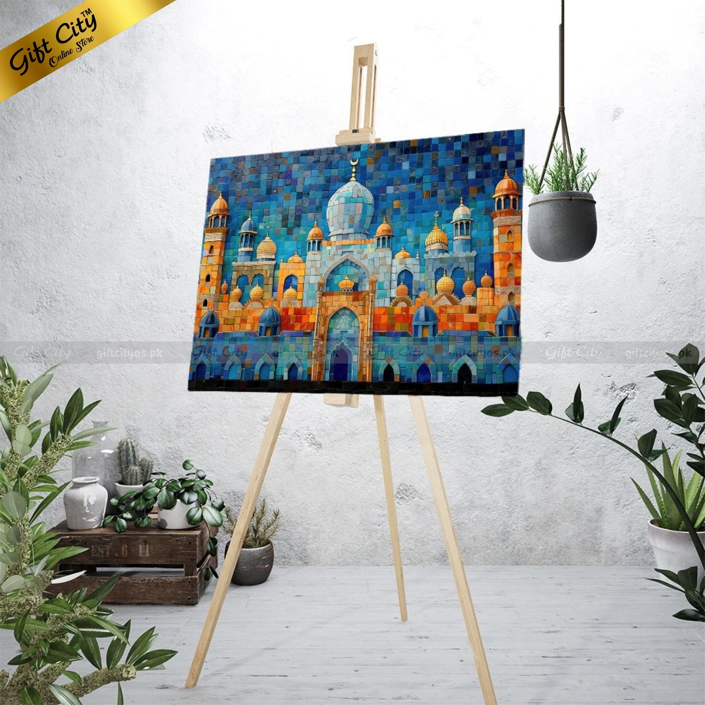 Gift City Presents Islamic Mosaic UV Printed Oil Painting Canvas | Mosque Decor, Ramadan Gift | Multiple Sizes Available Wall Hanging