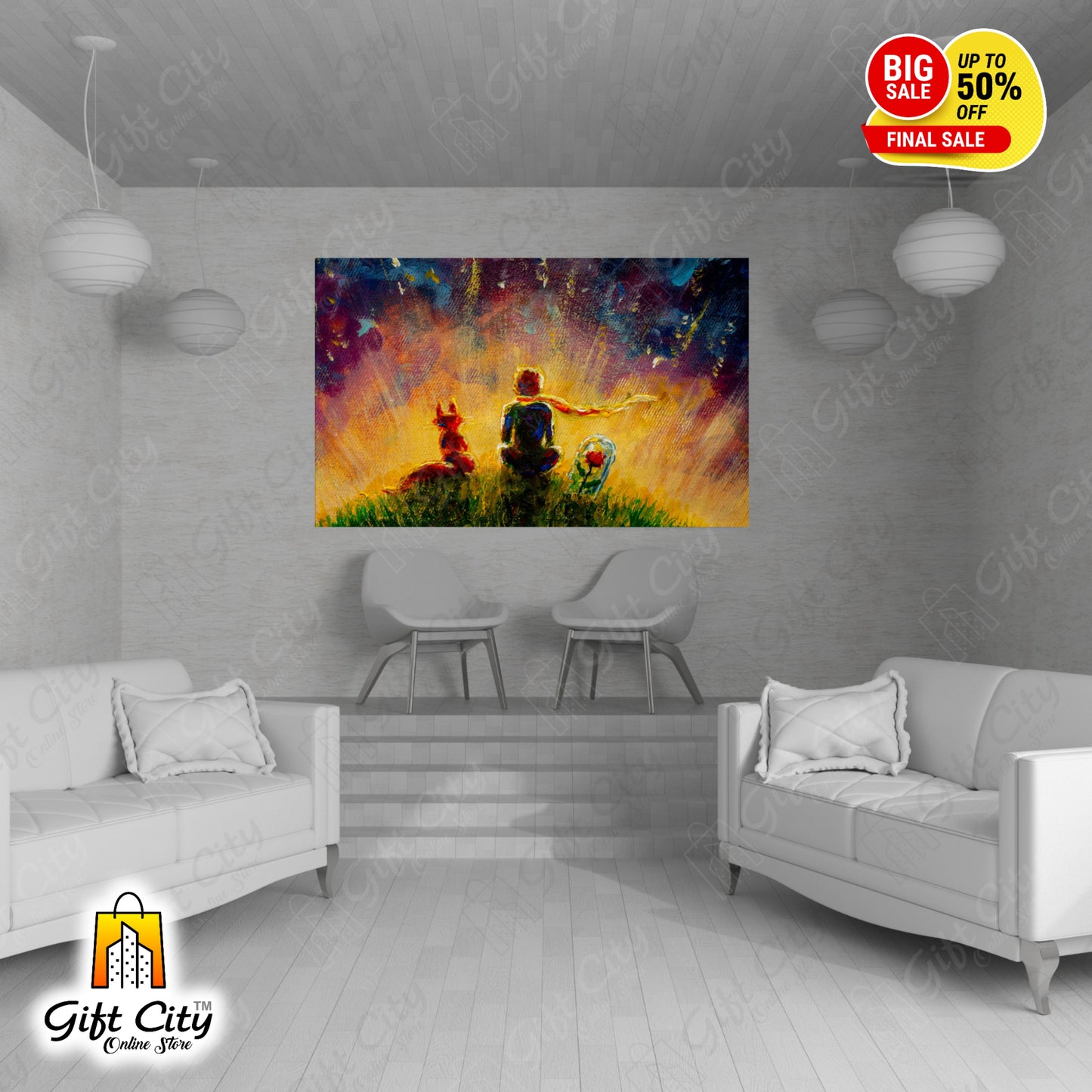 Gift City Presents Little Prince With Fox and Rose Oil Painting on Canvas Wall Art for Home Decor Multiple Sizes Wall Hanging