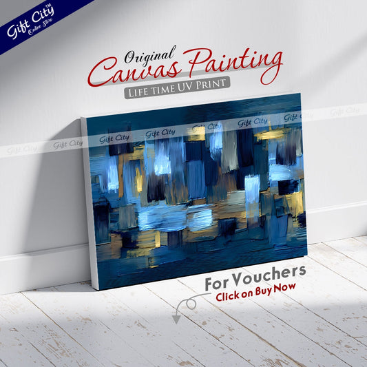 Gift City Presents Modern UV-Printed Canvas with rough Brushstrokes, featuring an abstract grungy design in dark blue and yellow accents, perfect for home décor Wall Hanging