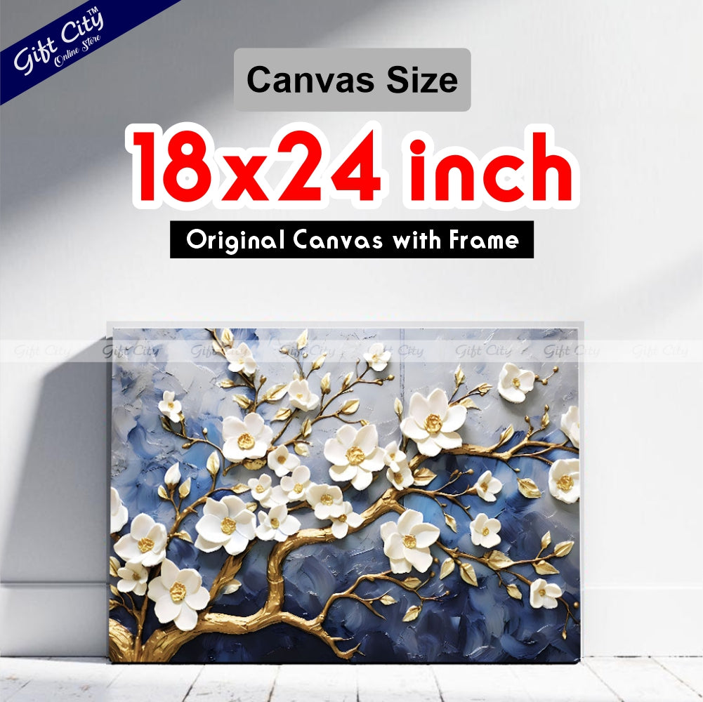 Gift City Presents Modern oil and gold brush art, White flower branches on UV Printed Canvas, perfect for wall decor and housewarming gifts Wall Hanging - Gift City Online Store