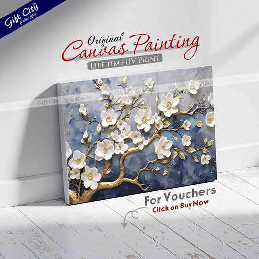 Gift City Presents Modern oil and gold brush art, White flower branches on UV Printed Canvas, perfect for wall decor and housewarming gifts Wall Hanging