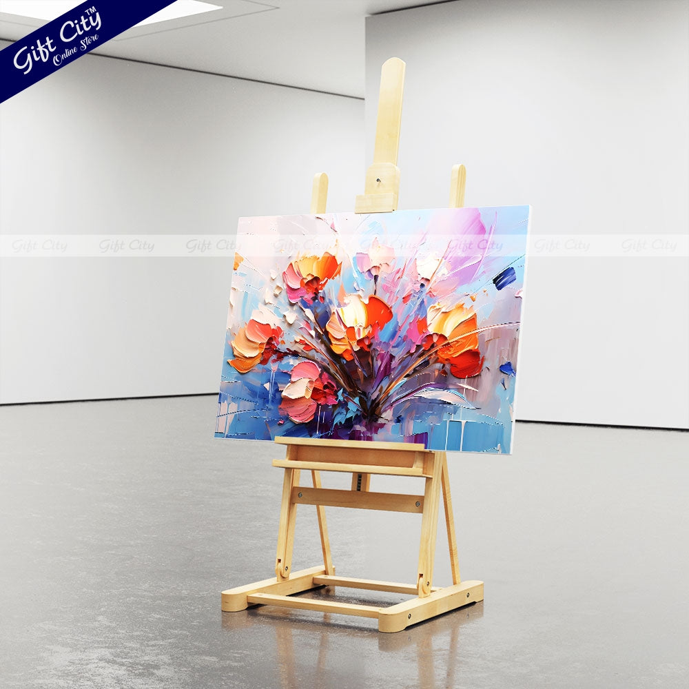 Gift City Presents Oil Painting Canvas - Modern Abstract Art - Vintage Floral Design with Golden Brushstrokes - Wooden Frame Wall Hanging