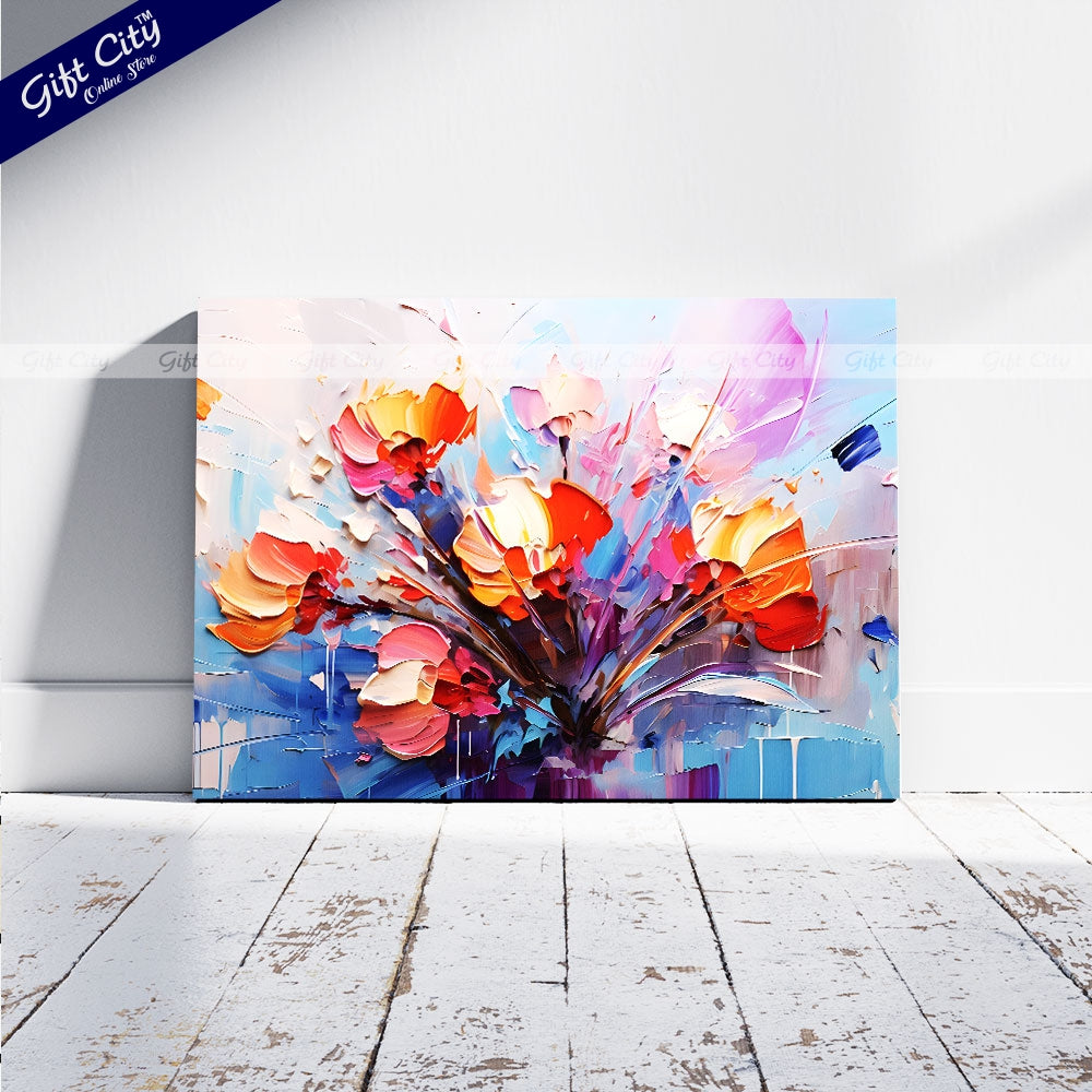 Gift City Presents Oil Painting Canvas - Modern Abstract Art - Vintage Floral Design with Golden Brushstrokes - Wooden Frame Wall Hanging