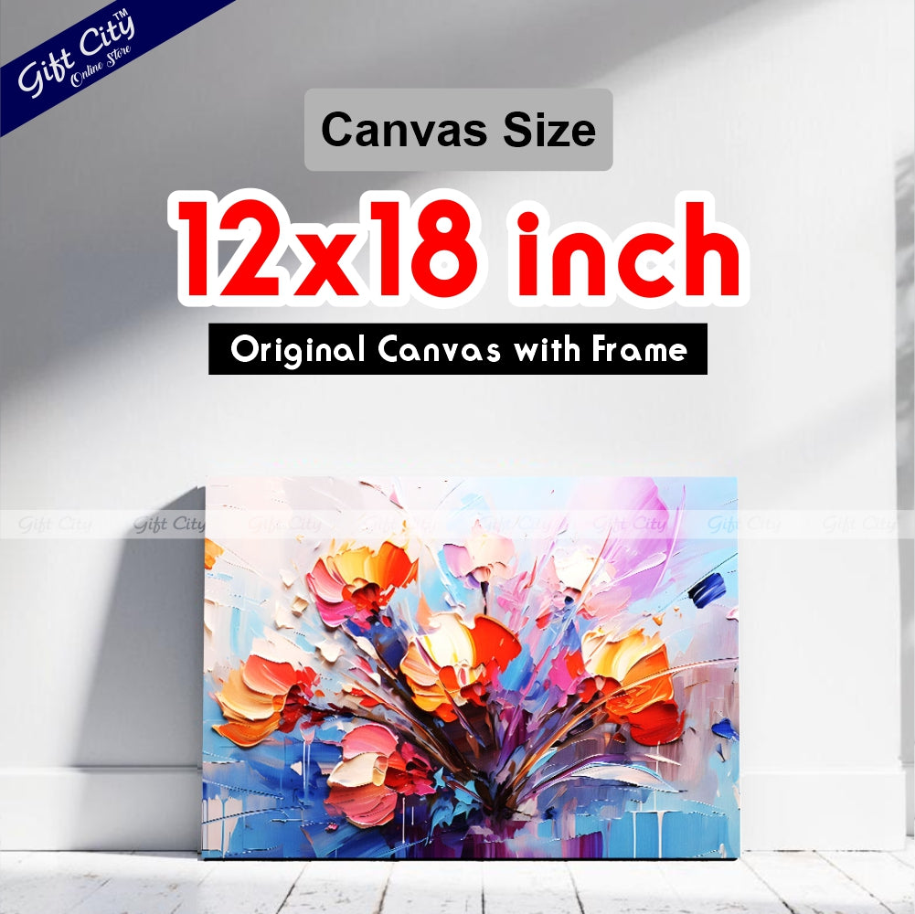 Gift City Presents Oil Painting Canvas - Modern Abstract Art - Vintage Floral Design with Golden Brushstrokes - Wooden Frame Wall Hanging