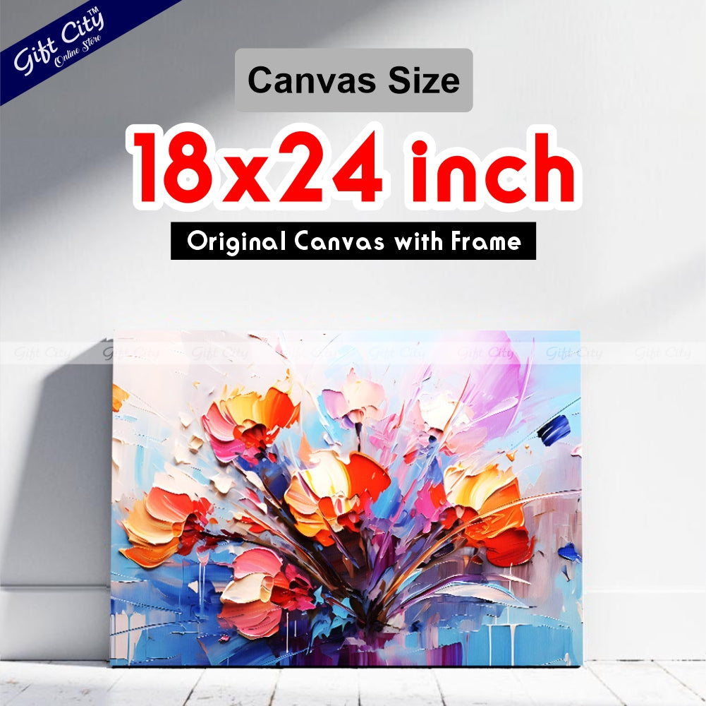 Gift City Presents Oil Painting Canvas - Modern Abstract Art - Vintage Floral Design with Golden Brushstrokes - Wooden Frame Wall Hanging