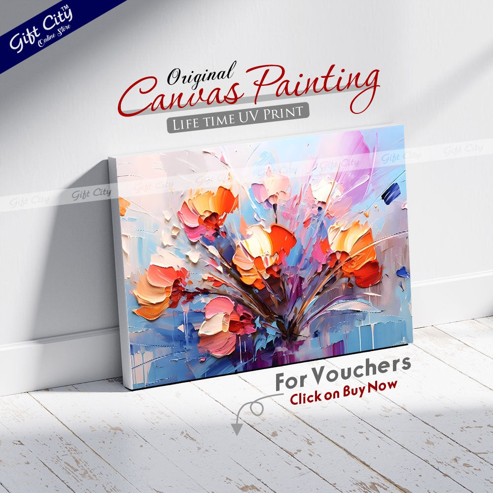 Gift City Presents Oil Painting Canvas - Modern Abstract Art - Vintage Floral Design with Golden Brushstrokes - Wooden Frame Wall Hanging