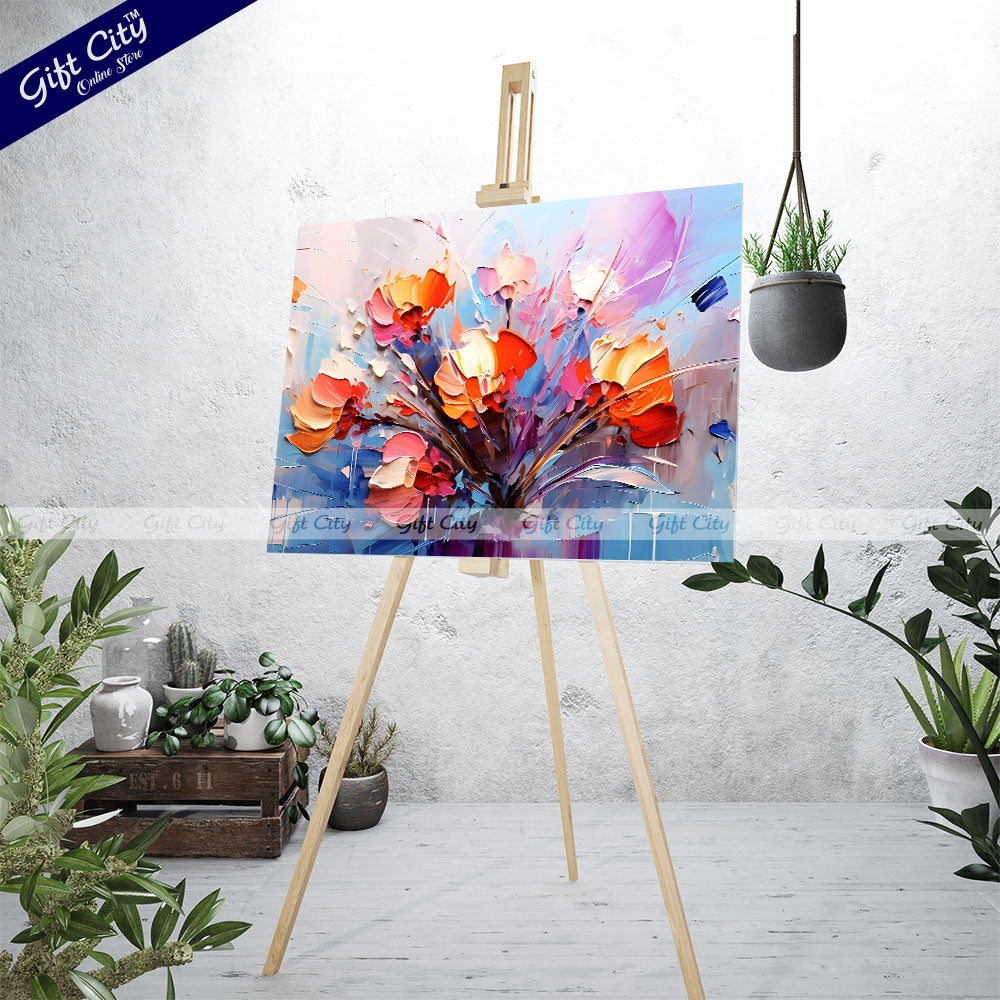 Gift City Presents Oil Painting Canvas - Modern Abstract Art - Vintage Floral Design with Golden Brushstrokes - Wooden Frame Wall Hanging