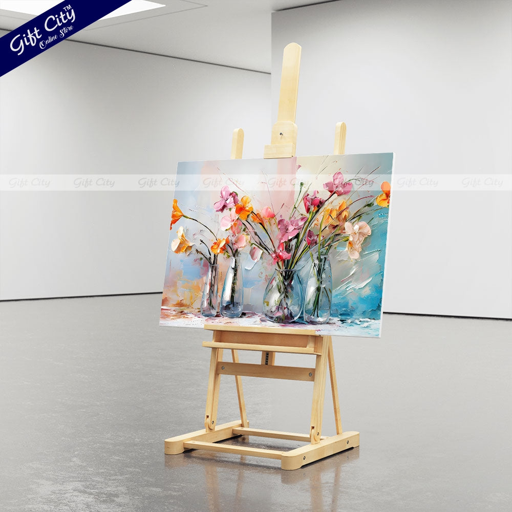 Gift City Presents Orange Flowers in Vase, 3D Heavy Textured Partial Oil Painting on Canvas with Colorful Splashes on White Floral Background Wall Hanging